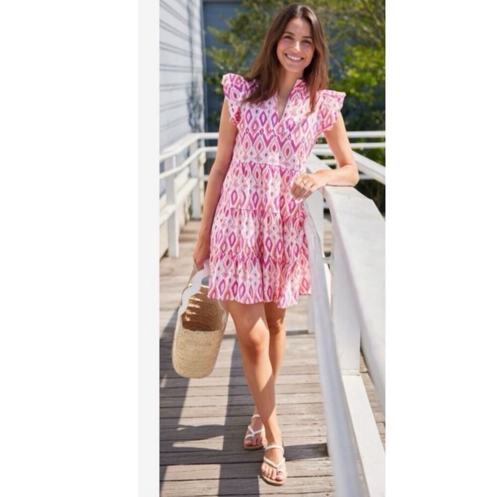 Sail to sable Linen blend tiered mini dress pink  XL flutter sleeve Coastal chic